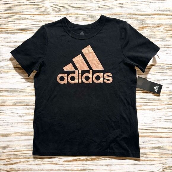 Adidas Kids Black T-Shirt with Gold Logo Girls Short Sleeve Graphic Logo Tee - Picture 1 of 5
